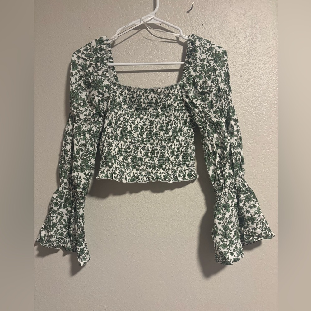 NWT Francesca’s Smocked Crop Top with Bell Sleeves